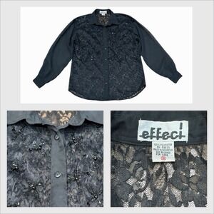 Effeci Womens Lace Sheer Button Up Top Sequins‎ Gothic Dark Romantic Black Small